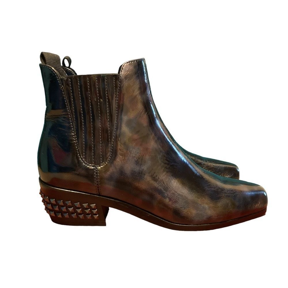 Donald J Pliner Milann Ankle Boots Studded Heel Patent Black Iridescent Womens 6